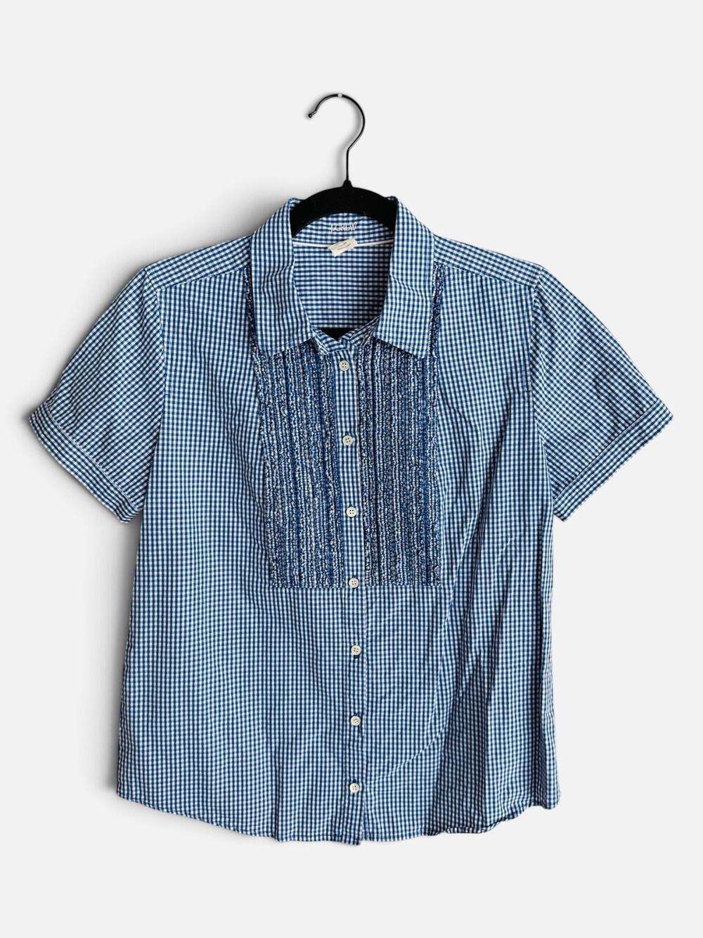 J. Crew Sz 8 Ruffle Panel Short Sleeve Button Up Shirt Blouse Gingham Blue